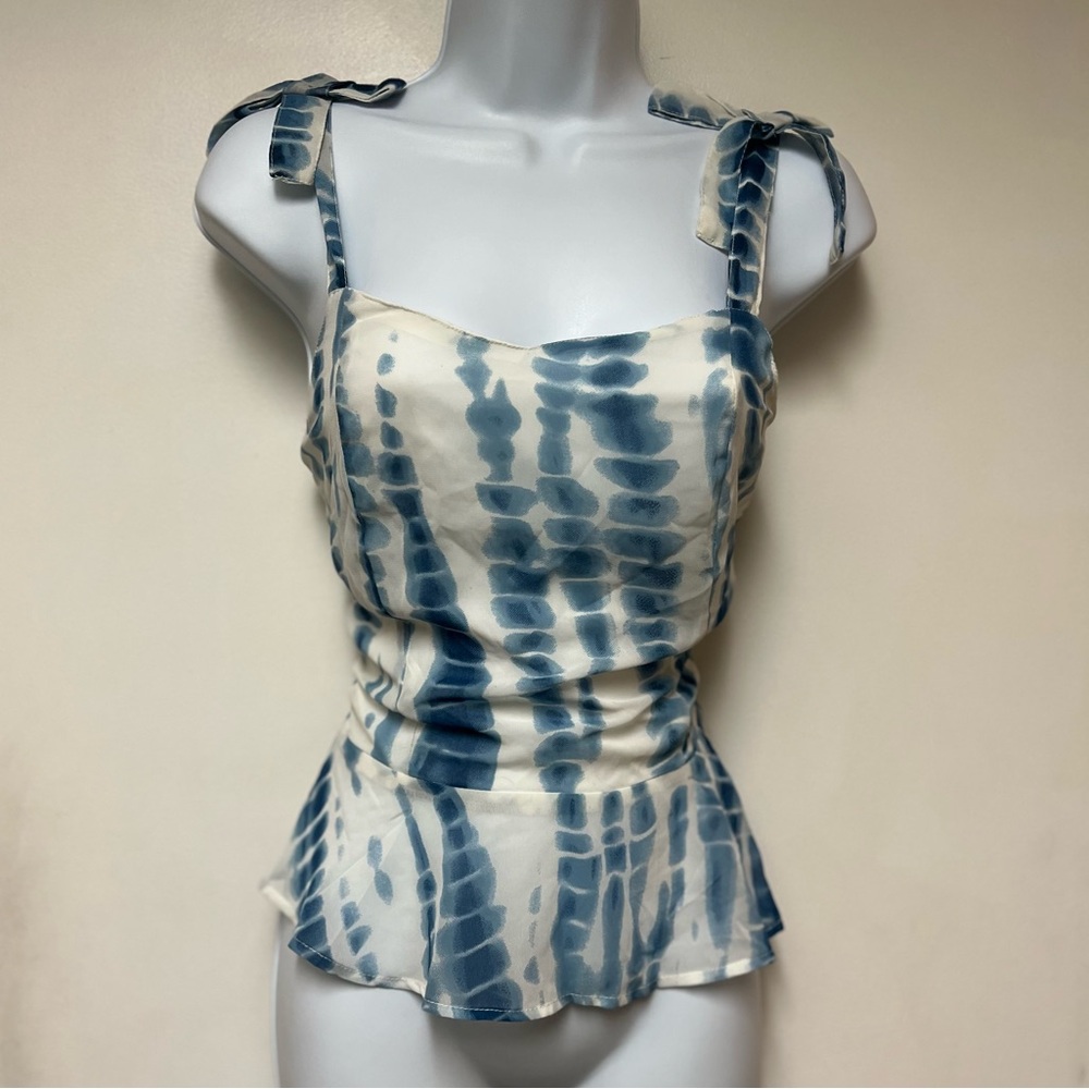 Japna | Blue Tie Dye Peplum Flowy Bow Detail Tank Top